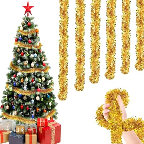 LIULINY 6Pcs x 2m Guirnalda Espumillón de Navidad, Guirnalda Oropel de Navidad Espumillón, Brillantes Oropel Navideña, para Decoración Navideña Ventana Pared Adornos Navideños