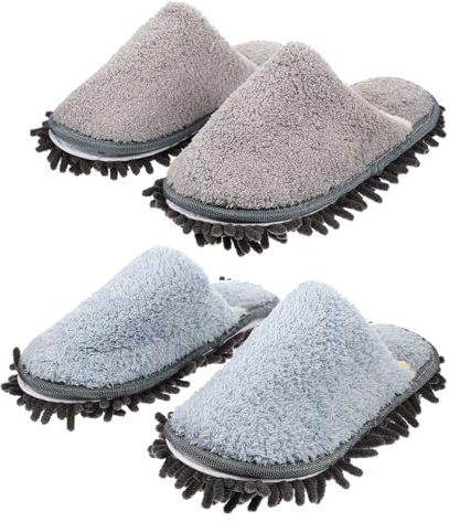 JECOMPRIS Pantoufles De Balayage Réutilisables en Polyester Doublées Polaire, Taille M, Bleu Et Gris, Absorbantes Et Pratiques pour Nettoyage De Sol Intérieur, Lot De 2 Paires pour Adultes