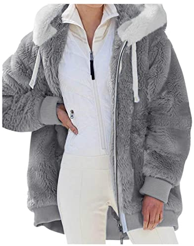 Kapuzenjacke Damen Teddy Jacke,Teddyjacke Fleecejacke Hoodie Damen Kapuzenpullover Teddy-Fleece Warm Winterjacke Wintermantel Fellmantel PlüSchjacke Kapuzenjacke üBergangsjacke Grau 3XL
