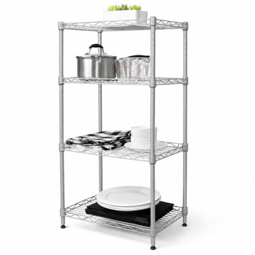 Silver 4-Tier Metal Shelving Unit, Freestanding Garage Storage Metal Rack | Free Standing Shelf Organiser - 4 Tier Sturdy Kitchen Shelving Unit Rack - Metal Storage Shelves for Household Storage