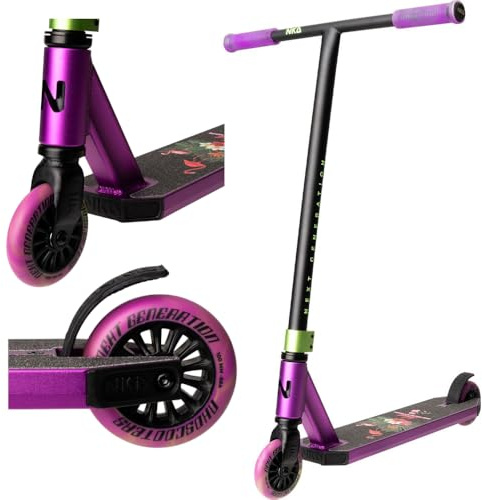 Patinete acrobático NKD – Next Generation | Rodamientos ABEC-9 de Alto Rendimiento | Manillar Giratorio de 360° para Freestyle | Aleación de Aluminio 6061 Duradera (Negro Morado)