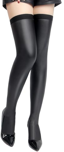sunshinelady Calze autoreggenti da donna in pelle PU, calze sopra il ginocchio, taglie forti, effetto bagnato, lingerie da donna, effetto pelle, calze da donna, elastiche, biancheria intima curvy