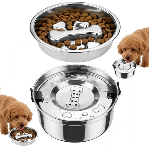 Wassernapf Hund Ohne Sabbern, 2-in-1 Hundenapf-Set 1L, Spülmaschinenfest | Anti-Schlabber Wassernapf & Slow Feeder Napf, 304 Edelstahl Trinknapf Hund Anti Schlabber, Rutschfest & Auslaufsicher