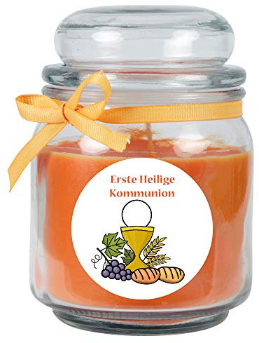 HS Candle Duftkerze im Bonbonglas zur Kommunion, Duft: Honigmelone (Orange), 300g - Brenndauer bis zu 70 Stunden, Kerze aus Glas mit Duft