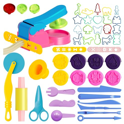 Dough Tools for Kids, 46Pcs Dough Toys Sets Playdough Accessories Include Play Food Molds - Cupcakes, Ice Cream, Noodle, Play Bulk Pack with Roller, Cutters, Scissor, DoughMat and Storage Bag Gifts