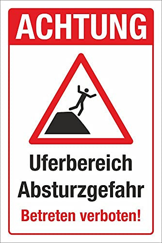 Schild Uferbereich Absturzgefahr Betreten verboten 300 x 200 mm | 3 mm Alu-Verbund, wetterfester UV-Direktdruck, robust und langlebig, Made in Germany