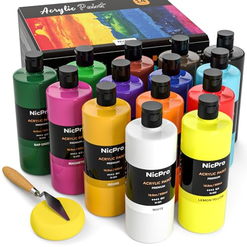 Nicpro Acrylfarben Set 14 x 500 ml, Große Flasche Acrylfarbe in 14 Farben, Reichhaltige Malfarben, ungiftige künstler Acrylfarben Set für Viele Oberflächen, Leinwand, Holz, Leder, für Erwachsene