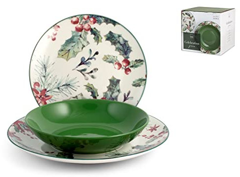 H&H Servizio Tavola 18 Pezzi in Porcellana – Collezione Celebration Verde – Set Piatti Natalizi Decorati con Agrifoglio e Ribes – Elegante Servizio per 6 Persone