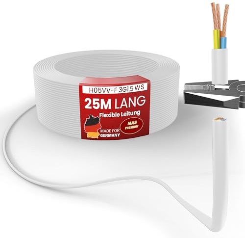 MAS Premium De 5 a 100 m de manguera de plástico H05VV-F 2, 3, 4 o 5 x 0,75; x1; x1,5 o x2,5 cable flexible (H05VV-F 3G1,5 WS, 25 m)