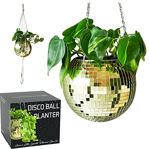SCANDINORDICA Discokugel-Blumentopf, Komplett-Set, Gold 20 cm | Disco-Blumentopf mit Kette, Makramee-Aufhänger, Acrylständer & Innentopf zum Aufhängen oder Aufstellen