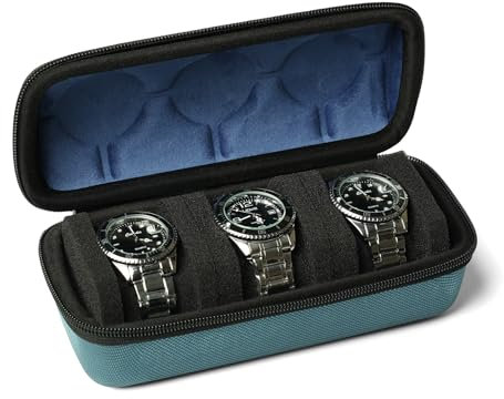 SAFEBUDDY Uhrenbox für 3 Uhren, Hartschale, sichere Transferbox mit weichem Schutzkissen, passend für die meisten Uhren bis zu 60 mm Zifferblatt (3 Schlitze)