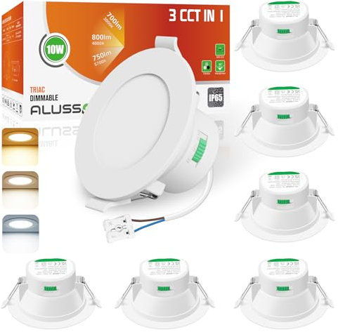 ALUSSO IP65 LED Downlights Ceiling Dimmable 10W 800LM LED Recessed Ceiling Spot Lights 3000K Warm 4000K Neutral 5700K Cool Adjustable Spotlights Ceiling Lights for Bathroom Kitchen, White, 6 Pack