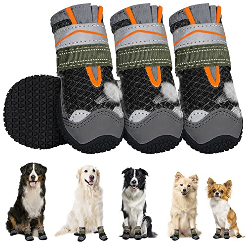 Eyein 4 Stück Hundeschuhe Pfotenschutz, Atmungsaktiv & Reflektierend | Rutschfester Sohle und Doppelt Verstellbare Klettverschlüsse für Innen & Outdoor Wanderungen, Kälte/Wärme (Schwarz, Größe 5)