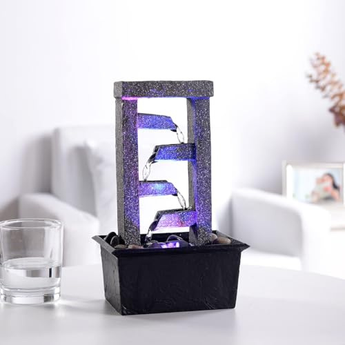GOSSI 10 4-Tier Tabletop Waterfall Fountain with Natural River Rocks, LED Lights, Resin Indoor Water Feature for Home Office Decor, Meditation Relaxation Gift
