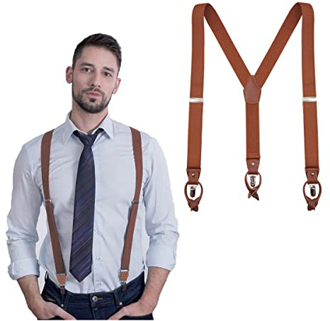 YCKYIGO Herren-Hosenträger, braunes Leder, Knopfleiste und Clip-Hosenträger, strapazierfähig, Hochzeits-Hosenträger für Bräutigam, Trauzeugen
