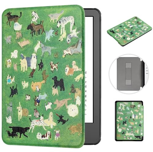 MOKASE Hülle Kompatibel mit Neu 6 Zoll Kindle 11. Generation 2022 2024 Freigebe (Modell: C2V2L3 RS23CV), Kunstleder Magnetische Hartschale mit Handschlaufe Automatic Schlaf/Aufwach, Meadow Dogs