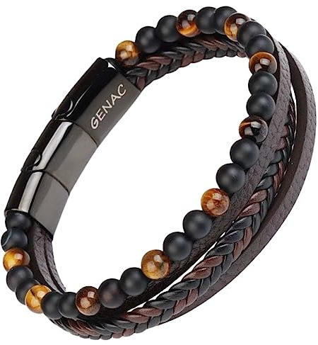 genac Bracelet Pour Homme En Perles De Pierres Naturelles 6mm Et Cuir Véritable Multi Tissé Avec Fermoir Magnétique Amovible En Acier Inoxydable Pour Régler Facilement La Longueur.