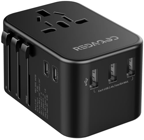 Adaptador Enchufe Universal, 6 en 1 Redagod Adaptador de Viaje con 3 USB y 2 USB C Adaptador Universal para USA UK Canadá Irland Austuralia, Cargador para Más de 224 Países
