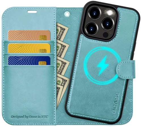 OCASE für iPhone 15 Pro Max Hülle (2in1) Leder Stoßfestes Case Eisblau | [Abnehmbare magnetische Hülle] [Kabelloses Laden] [Kartenfach] iPhone Handyhülle RFID Schutzhülle Etui Klapphülle