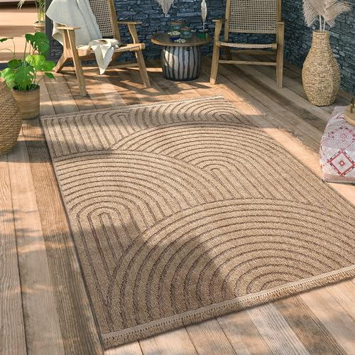 Paco Home Hochwertiger Outdoor Teppich Wetterfest & Pflegeleicht Jute-Sisal-Optik mit Fransen & Hoch-Tief-Effekt Langlebig für Terrasse, Balkon, Garten & Küche, Grösse:80x150 cm, Farbe:Beige 3