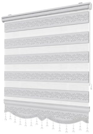 PlisseeOnline Doppelrollo Klemmfix ohne Bohren Weiß Silber mit Muster und Perlen Duo Rollo für Fenster und Türen Plissee Rollo Gardine 120 x 150 cm Blickdicht Klemmrollo mit Perlen Seitenzugrollo