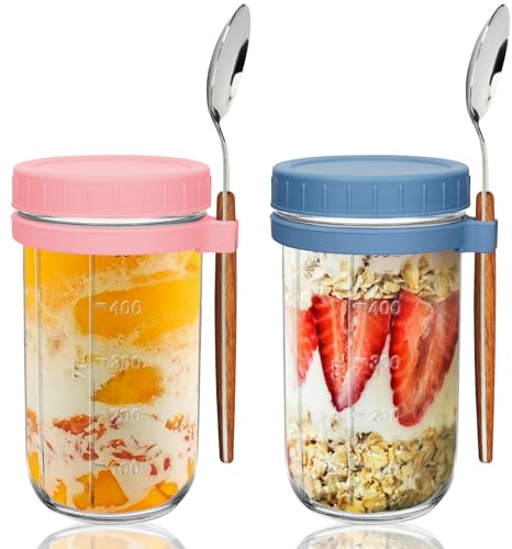UHAPEER Tazza per Yogurt 2 Pezzi, Overnight Oats Contenitore 600ML, Tazza di Muesli To Go con Coperchio e Cucchiaio, Barattoli per yogurt, cereali, latte, frutta