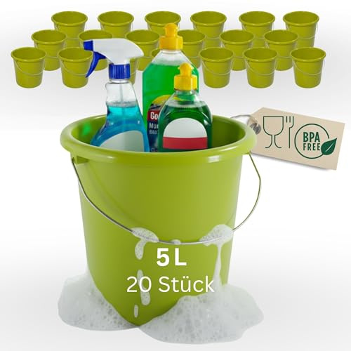 Novaliv 20 Stück Eimer 5L Grün mit Maßeinteilung - Putzeimer 5 Liter ? 22,5 cm Praktischer Allrounder mit Skala für Haushalt & Garten ideal als Haushaltseimer, Wassereimer, Wischeimer, Bucket