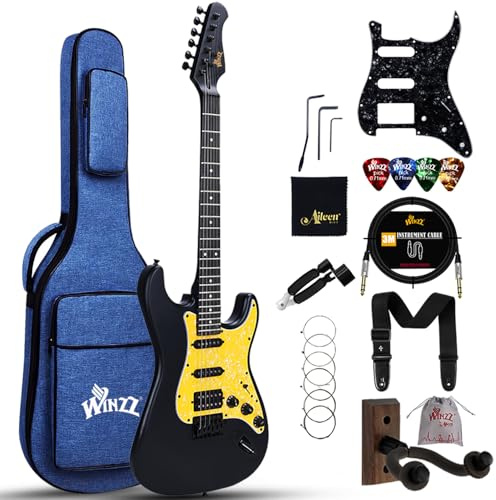 Winzz E-Gitarre für Erwachsene und Kinder 12+ Jahre - 4/4 Größe, HSS Tonabnehmer, Anfänger Starter Paket mit 12 Zubehör (39 Matte Schwarz, Gelb Schlagbrett)