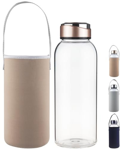 SHOW INGENUITY 1500ml Borosilicate Glass Water Bottle BPA Free Reusable Glass Drinking Bottle with Neoprene Sleeve and Stainless Steel Lid
