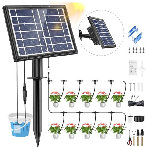 Skycow Kit d'irrigation goutte à goutte solaire 10 pots d'intérieur et d'extérieur Système d'arrosage automatique anti-siphonnage pour plantes Mode multi-temps Batterie 3000 mAh Écran numérique 9,7 m