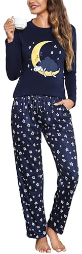 Aseniza Pigiama Donna Invernale Cotone Lungo Manica Lunga Pigiama da Donna con Tasca Due Pezzi Pigiami S-XXL Blu Scuro,M