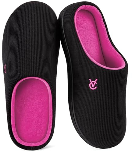 VeraCosy Damen Zweifärbig Hausschuhe Weich Bequem Strick Memoryschaum Rutschfest Pantoffeln Fuchsia Schwarz, 38-39 EU