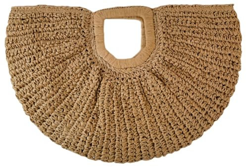Fiorky Borsa tote in rete all'uncinetto, Borsa tote in paglia fatta a mano da donna Borsa in paglia a mezzaluna di grande capacità Borsa da polso a tessitura semplice Borsa giornaliera