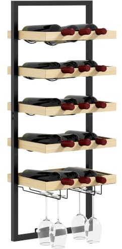 HOMCOM Portabottiglie da Parete Legno e Acciaio 15 Bottiglie Color Legno | Porta Bottiglie di Vino, 4 Calici, Cantinetta Vino, Bar, Cucina, Salotto, Sala da Pranzo, Ristorante