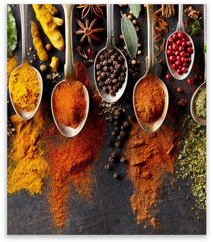 SMTDeco Herdabdeckplatte 45×52 cm – ESG gehärtetes Glas, kratzfest & rutschfest – Spritzschutz & Schneidebrett – für Induktion/Ceranfeld – 1-teilig, Motiv Kräuter Gewürze Orange