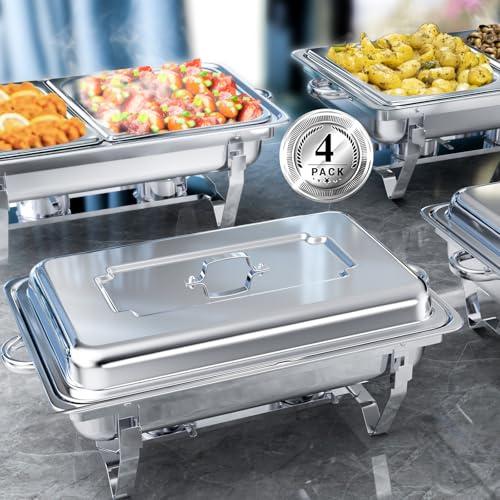 XYJBHB Chafing Dish Buffet Set of 4, Stainless Steel Chafing Dishes and Food Warmers with Lids, 1/2 Food Pans, Fuel Holders, 9L Buffet Trays for Restaurant Catering Parties Weddings Picnics