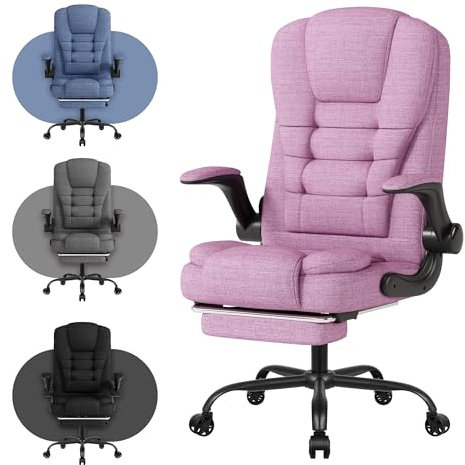 Ergonomischer Arbeitsstuhl mit Fußstütze und Kopfstütze, Arbeitsstuhl mit hochklappbarer Armlehne, 360°Drehbarer Höhenverstellbarer Sessel Schreibtischstuhl für Büro Heim Gaming-Rosa Stoff