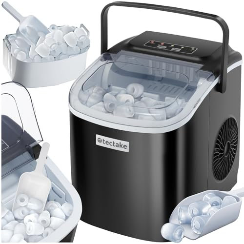 tectake® Máquina de Hielo Portátil, Tanque de Agua 1,2 Litros, 2 Tamaños de Cubitos de Hielo, Autolimpieza, Acero Inoxidable, Indicadores de Depósito Lleno y Vacío, Ideal Hogar y Oficina - negro