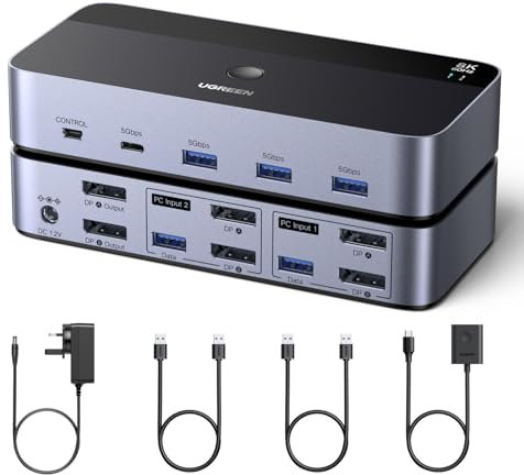 UGREEN Switch KVM DisplayPort 2 Ingressi 2 Uscite 8K 60Hz 4K 240Hz Doppio Schermo Commutatore KVM con 4 Porte USB 3A1C 5Gbps per Tastiera, Mouse, Disco Rigido, Controller da Ufficio, Cavi USB Inclusi