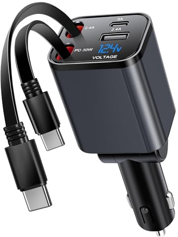 Kwak's 75W Zigarettenanzünder USB C Retractable Cable Auto ladegerät | Einziehbares Autoladegerät, Dual Type C Kabel, Schnellladung, Auto zubehör KfZ 12V Adapter für iPhone, iPad, Galaxy S25, GPS