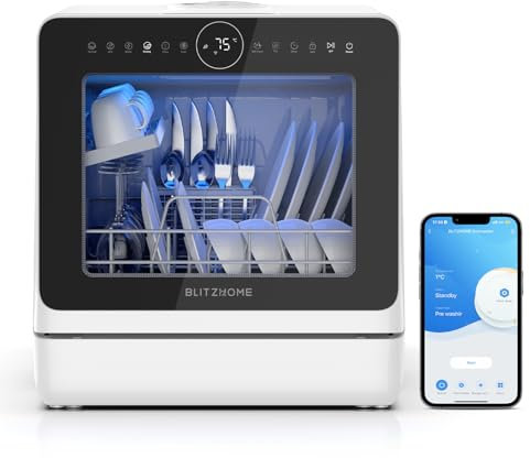 Mini lave-vaisselle, BLITZHOME contrôle smart app, lave-vaisselle portable table 8 programmes, réservoir d'eau de 5 L, utilisable avec ou sans raccordement d'eau, séchage, réservation, sécurité enfant