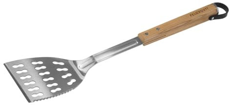 FEUERGOTT Spatule pour barbecue et poêle en acier inoxydable avec manche en bois de cèdre avec bord de scie pour barbecue, plancha, hamburger, poignée en bois avec dragonne en cuir