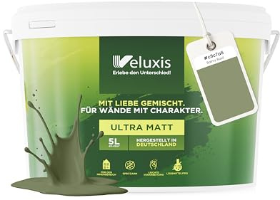 Veluxis Wandfarbe Grün Salbeigrün Beige matt 5 L – Balmy Basil | Innenfarbe mit Deckkraft Klasse 1, VOC-frei, ohne Grundierung, tropfarm, für Wohnzimmer und Schlafzimmer