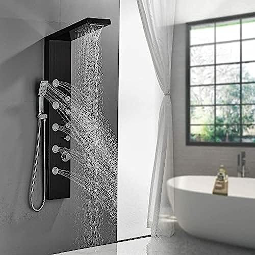 Pannello Doccia a LED con soffione a Cascata e Getto a Pioggia, Sistema per Il Corpo, Nichel Spazzolato E, Nero E