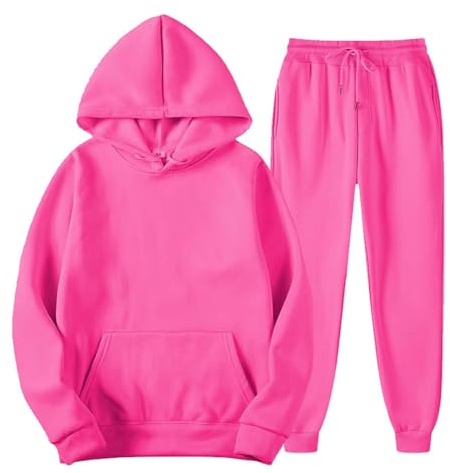 Generisch 2025 Tuta sportiva per uomo donna inverno tempo libero tinta unita con cappuccio pantaloni con nappe tuta sportiva jogging uomo M, rosa intenso, L