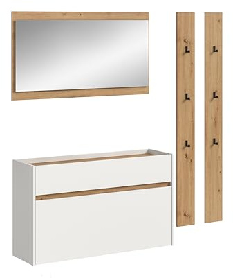 xonox.home – 4 teilige Garderobenkombination Drive 172x192x32 cm in Weiß und Artisan Oak Nachbildung – Set mit Spiegel, Paneel & Schuhkommode – Moderne Garderobe für Diele & Eingangsbereich