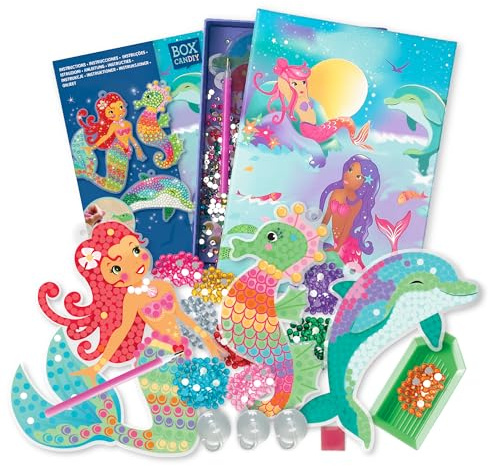BOX CANDIY Sea Life Sun Catchers Art Set for Kids – Underwater DIY Kit | with 3 sticky sheets, colourful gems, tools, suction cups & storage box, screen-free