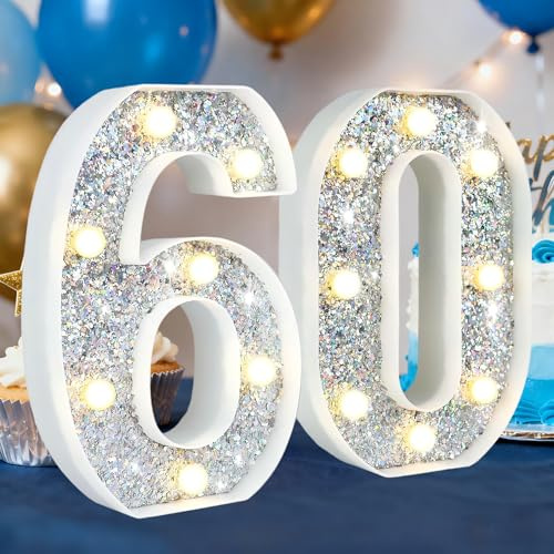 HEYCOLOR Silver Glitter Light up Numbers,8.86 Inch Marquee Number Lights for Baby Shower Birthday Wedding Anniversary Party Home Wall Decorations, Lighted Numbers as Gift for Girls Daughter, Number 60