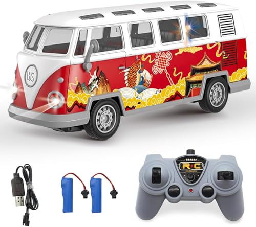 Bonikita Ferngesteuerter Busse 1962 Volkswagen Classic Decal Vintage Busse Modell, 2.4G RC Auto Spielzeug Set mit Sound und Licht für 3-10 Jahre alte Jungen und Mädchen Geschenk