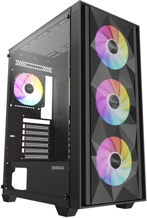 RAIDMAX V217 ATX Mid Tower Mesh Gaming PC-fodral, högt luftflöde frontpaneldesign, 4 x 120 mm ARGB-fläktar förinstallerade, härdat glas sidopanel, stöder 305 mm GPU / 240 mm kylare (svart)